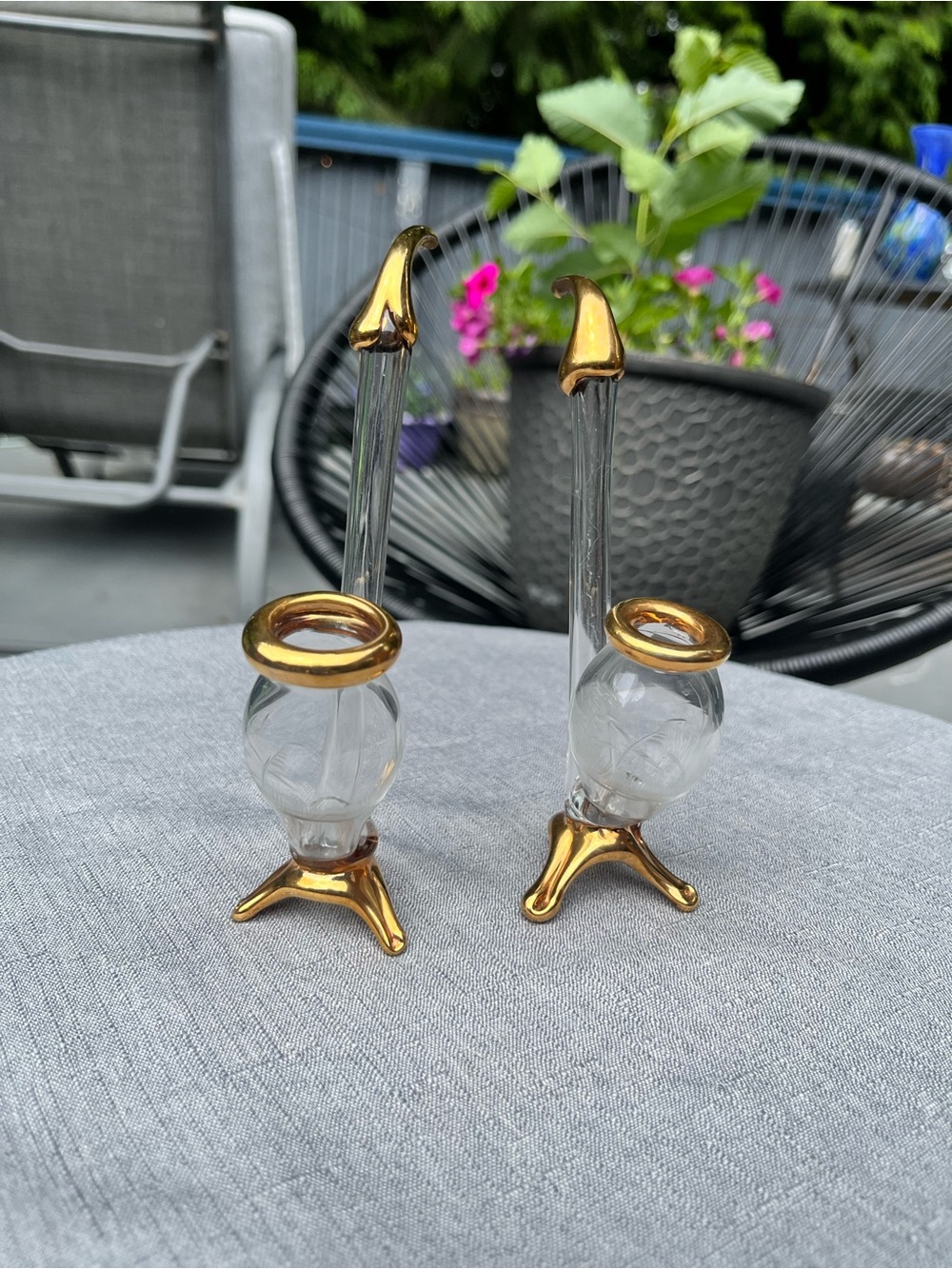 Vintage Bohemian Czech Brandy Cognac Sipping Pipes Pair Gold Gilt
